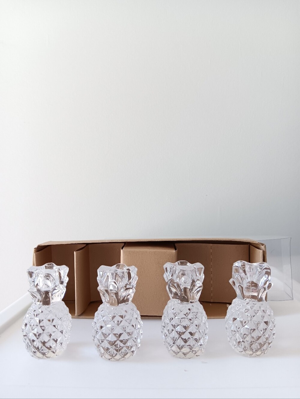 Williams Sonoma Clear Glass Pineapple Taper Candle Holders Set of 4 New in Box